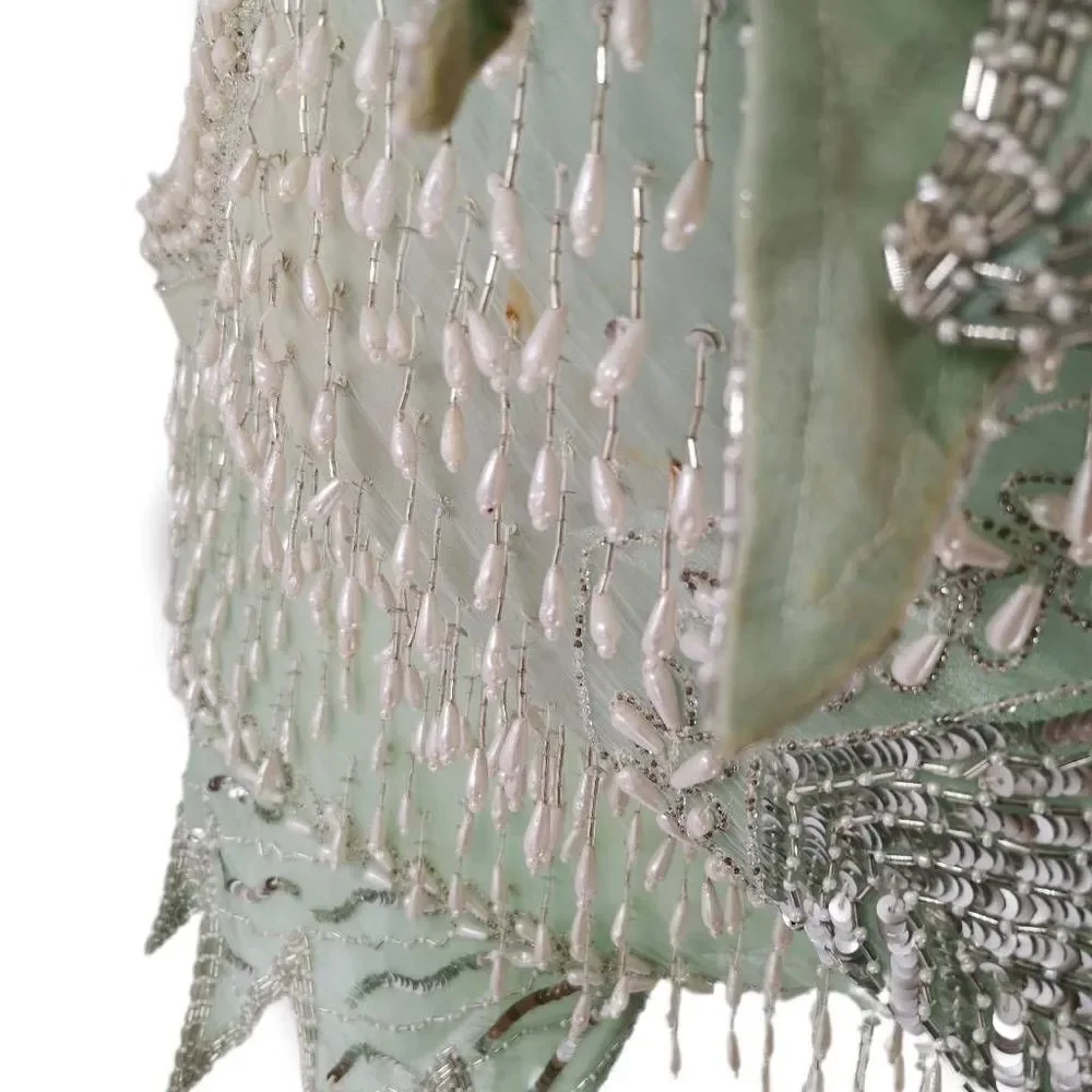 Vintage Mint Green & Silver Sequin Dress with Beaded Pearl Fringes | Large - Picture 9 of 9